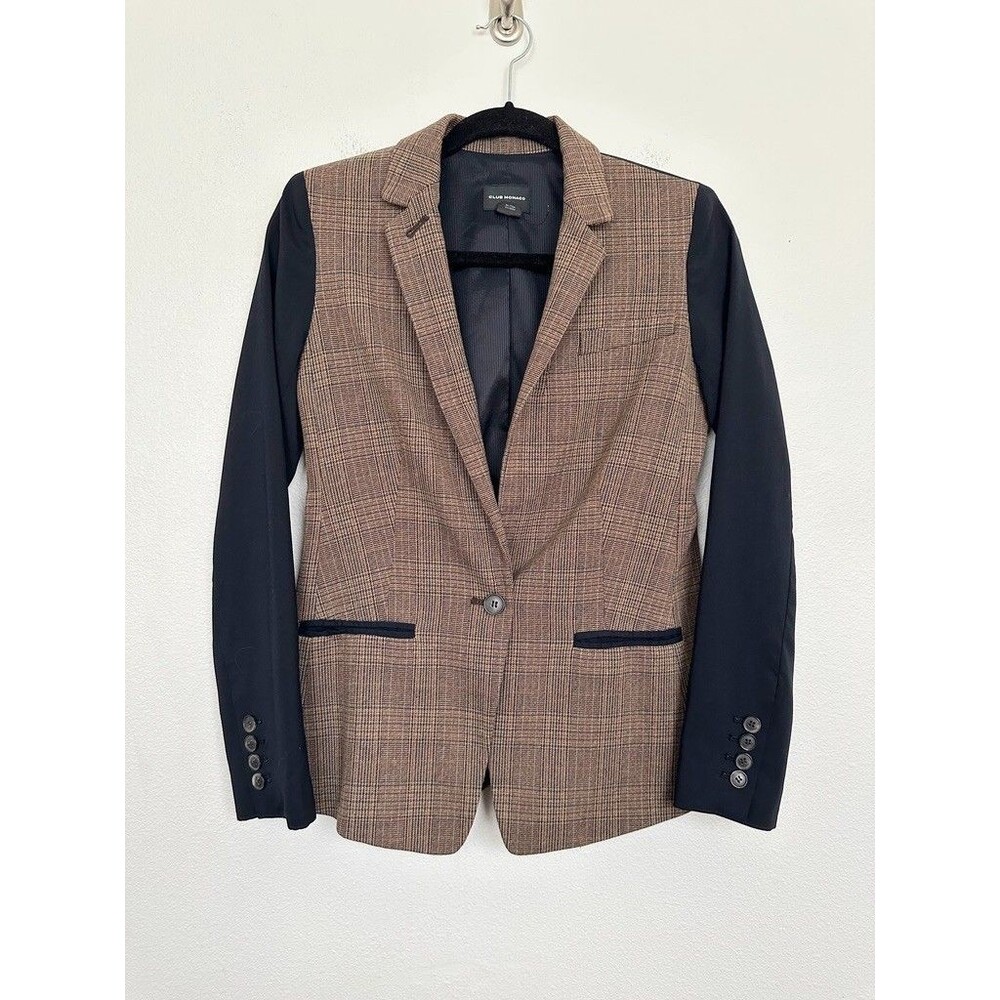 Club Monaco Glen Plaid Mixed Media Blazer Brown Black Workwear Women's 0 NEW